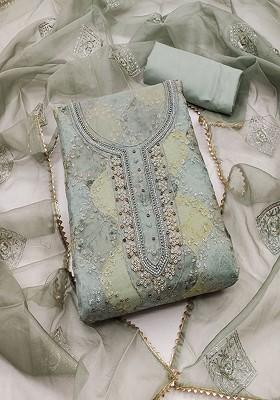 Grey Floral Embroidered Cotton Kurta Set