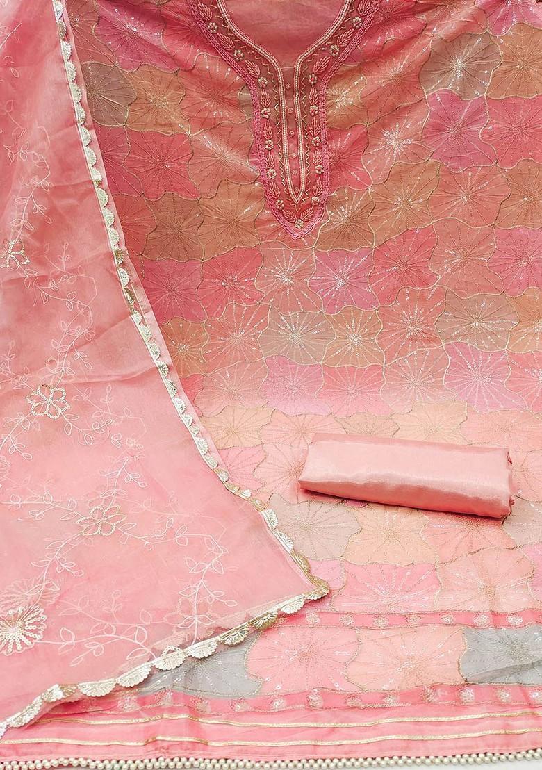 Pink Floral Sequin Embroidered Cotton Kurta Set
