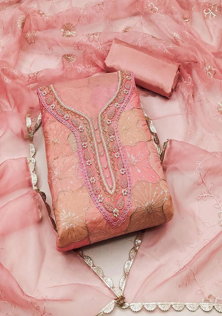 Pink Floral Sequin Embroidered Cotton Kurta Set