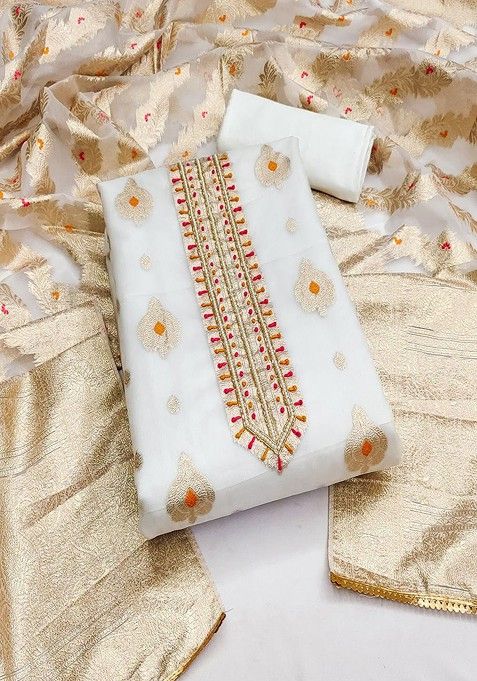 White Woven Cotton Kurta Set