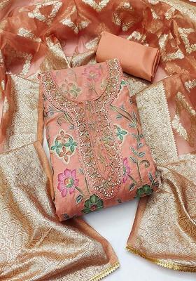 Peach Floral Embroidered Cotton Kurta Set