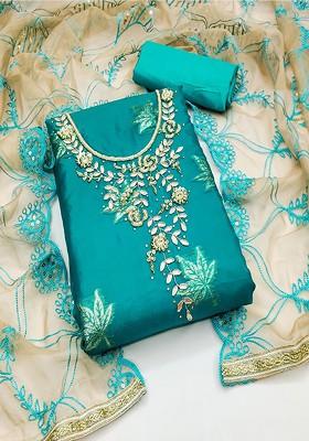 Turquoise Blue Embroidered Cotton Kurta Set