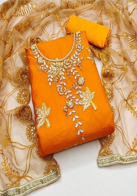 Orange Embroidered Cotton Kurta Set