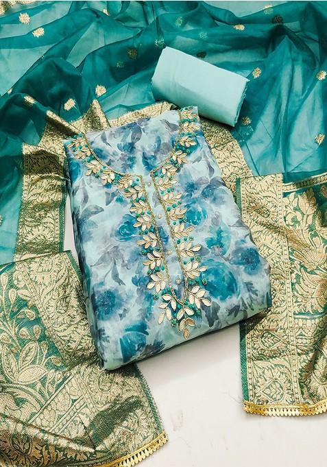 Turquoise Blue Embroidered Cotton Kurta Set