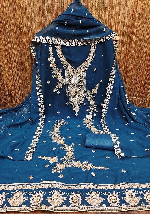 Blue Embroidered Cotton Kurta Set