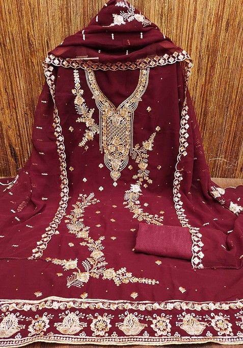 Maroon Floral Sequin Embroidered Cotton Kurta Set