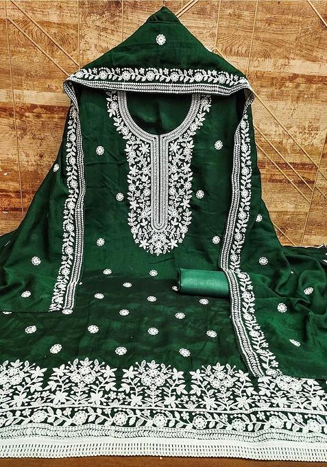 Green Floral Embroidered Cotton Kurta Set