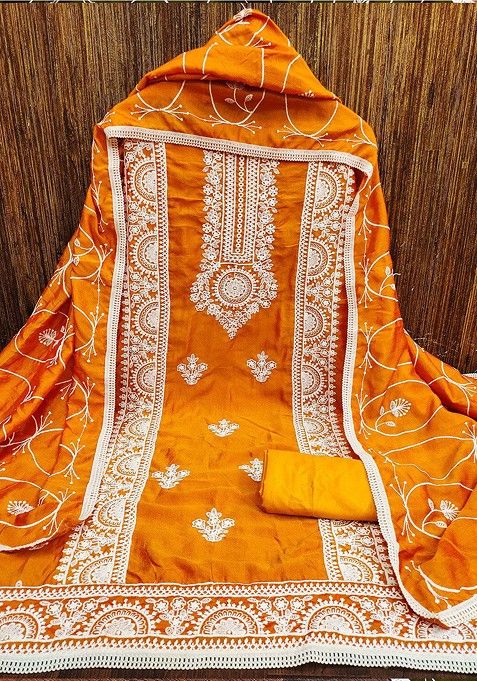 Orange Ethnic Motifs Embroidered Cotton Kurta Set