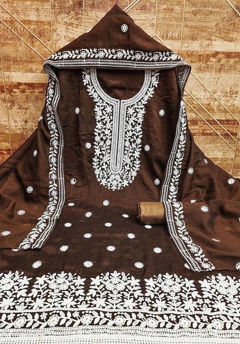 Coffee Brown Floral Sequin Embroidered Cotton Kurta Set