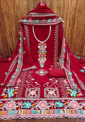 Maroon Floral Sequin Embroidered Cotton Kurta Set