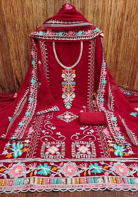 Maroon Floral Sequin Embroidered Cotton Kurta Set