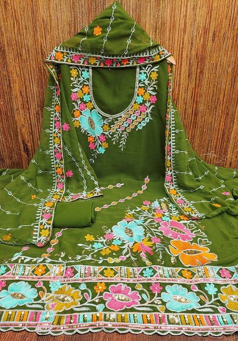 Green Floral Embroidered Cotton Kurta Set