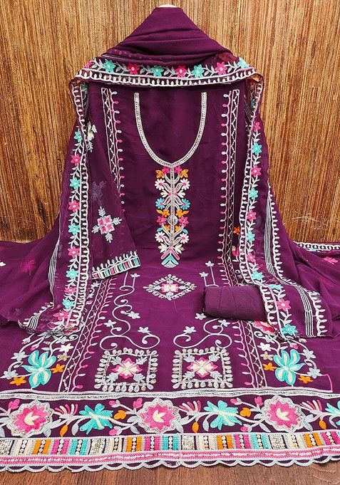 Magenta Floral Sequin Embroidered Cotton Kurta Set