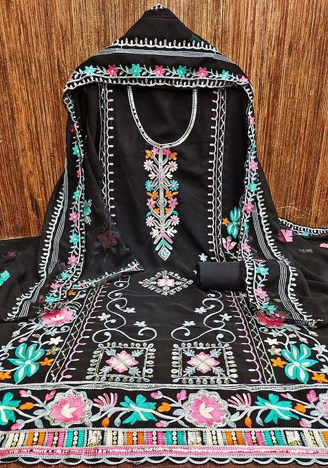 Black Floral Embroidered Cotton Kurta Set