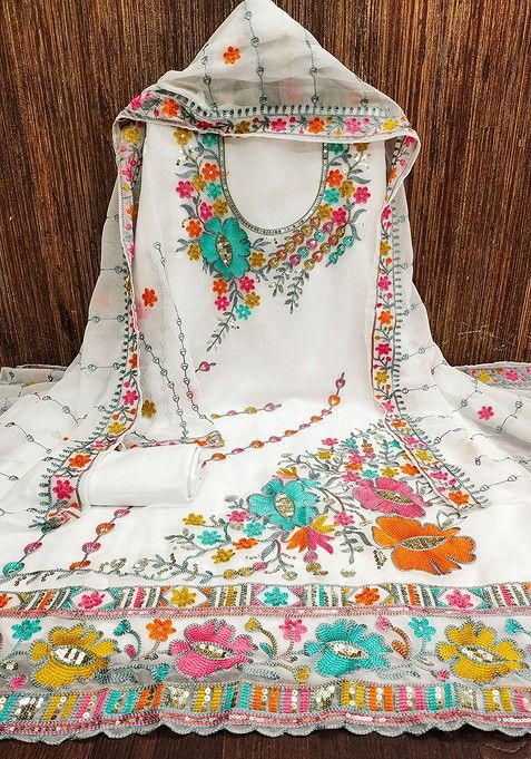 White Floral Embroidered Cotton Kurta Set