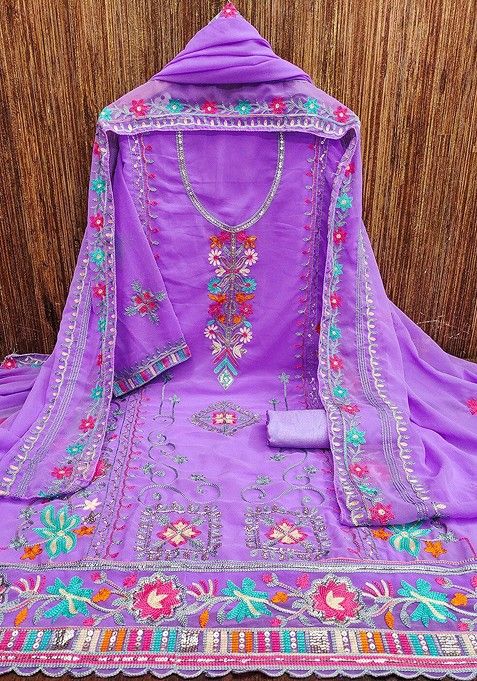 Purple Floral Embroidered Cotton Kurta Set