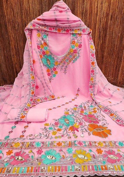 Pink Floral Embroidered Cotton Kurta Set