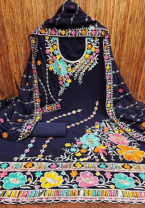 Blue Floral Sequin Embroidered Cotton Kurta Set