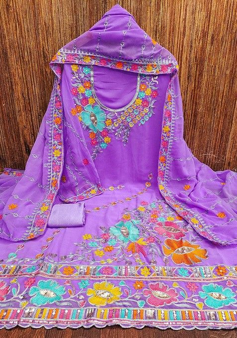 Purple Floral Sequin Embroidered Cotton Kurta Set