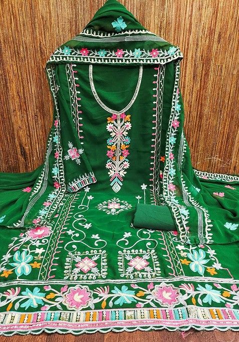 Green Floral Embroidered Cotton Kurta Set