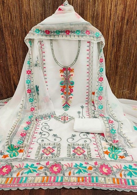 White Floral Sequin Embroidered Cotton Kurta Set