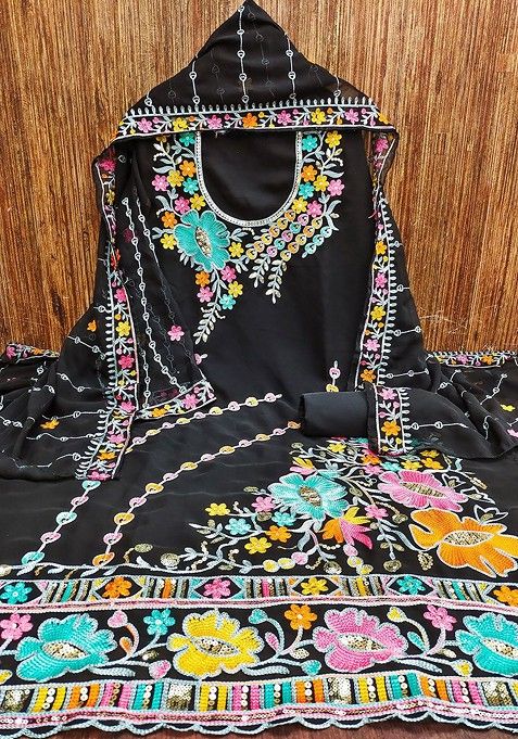 Black Floral Embroidered Cotton Kurta Set