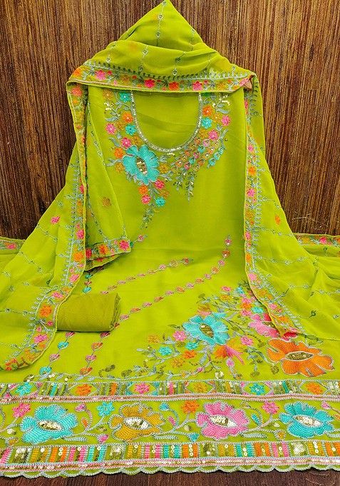 Green Floral Embroidered Cotton Kurta Set