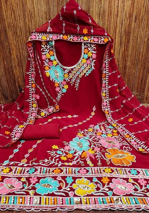 Maroon Floral Sequin Embroidered Cotton Kurta Set