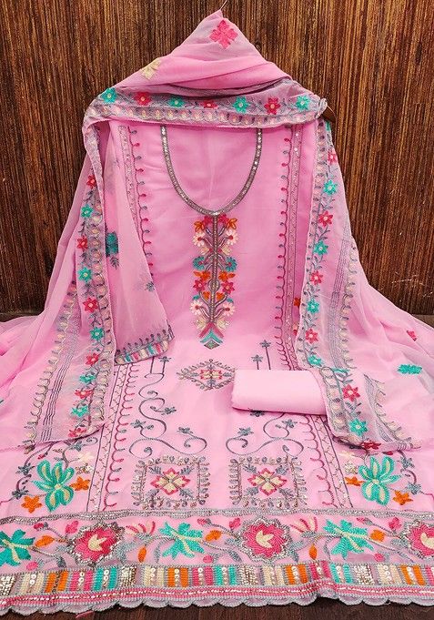 Pink Ethnic Motifs Embroidered Cotton Kurta Set