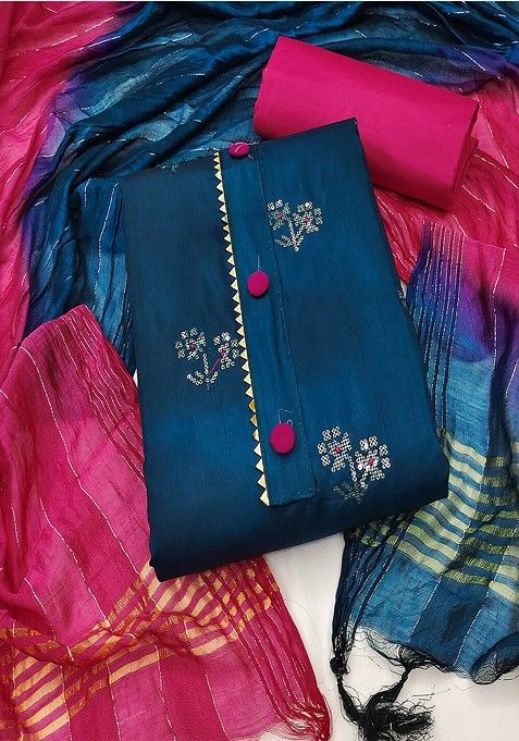 Blue Floral Embroidered Cotton Kurta Set