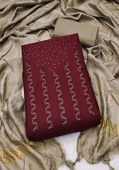 Maroon Embroidered Cotton Kurta Set