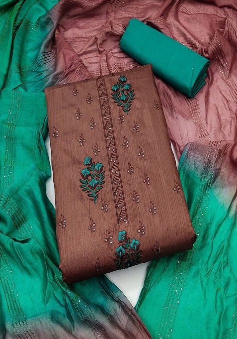 Brown Floral Embroidered Cotton Kurta Set