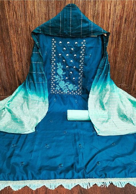 Blue Embroidered Cotton Kurta Set