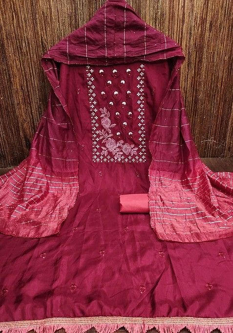 Maroon Embroidered Cotton Kurta Set