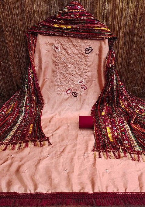 Peach Floral Embroidered Cotton Kurta Set