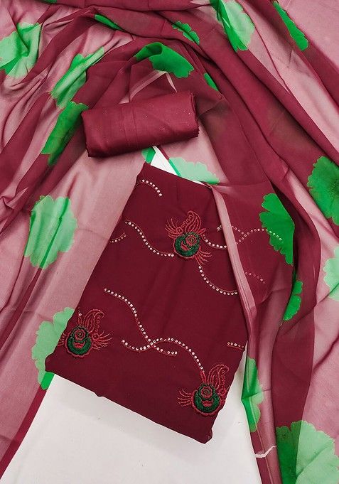 Maroon Embroidered Cotton Kurta Set