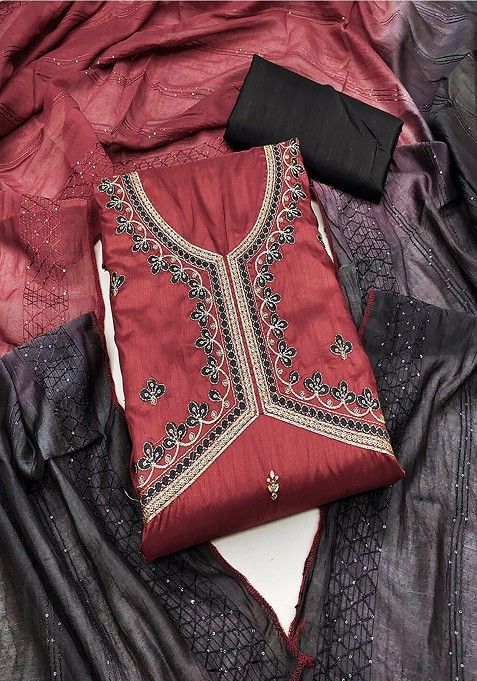 Maroon Floral Sequin Embroidered Cotton Kurta Set