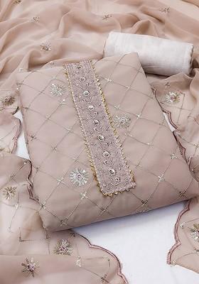 Beige Floral Embroidered Poly Blend Kurta Set