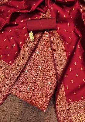 Red Floral Woven Design Poly Blend Kurta Set