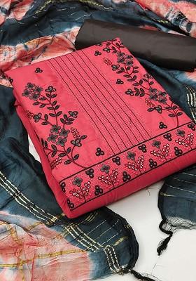 Pink Floral Embroidered Poly Blend Kurta Set