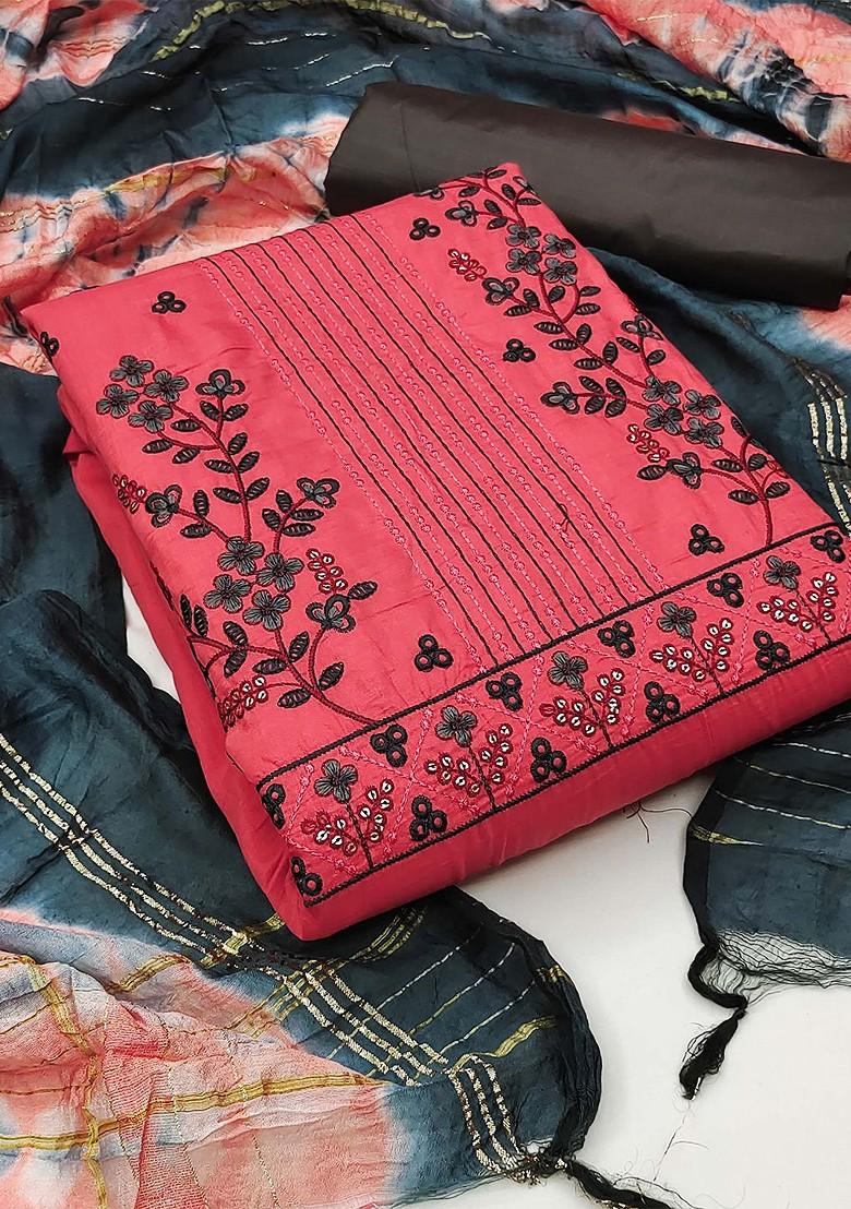 Pink Floral Embroidered Poly Blend Kurta Set