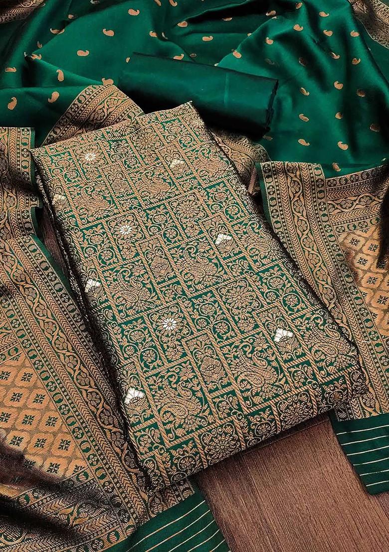 Olive Green Ethnic Motifs Woven Poly Blend Kurta Set