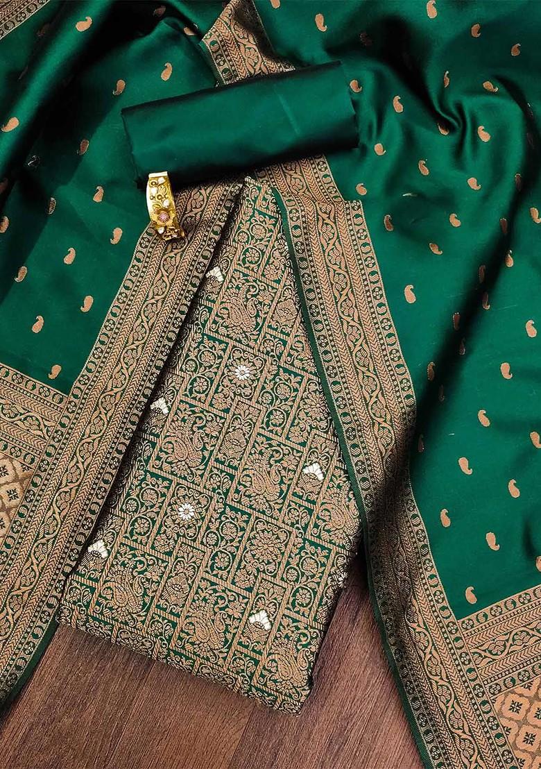 Olive Green Ethnic Motifs Woven Poly Blend Kurta Set