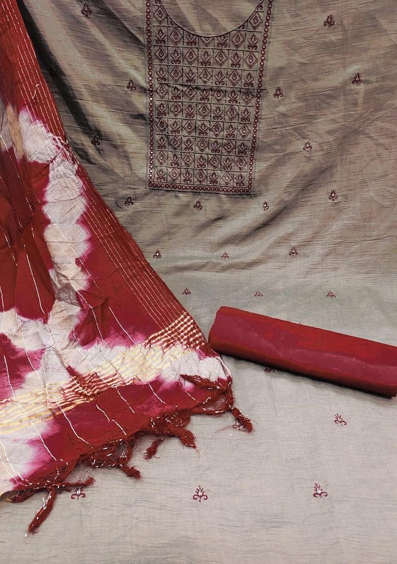 Brown Floral Embroidered Poly Blend Kurta Set