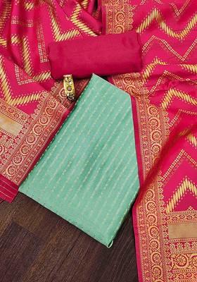 Sea Green Striped Print Poly Blend Kurta Set