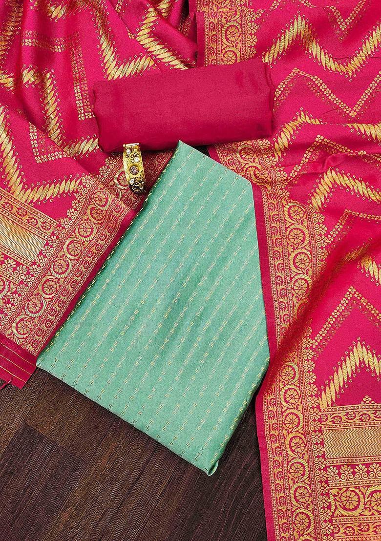 Sea Green Striped Print Poly Blend Kurta Set