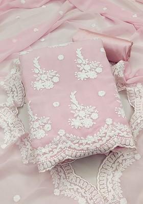 Pink Floral Embroidered Poly Blend Kurta Set