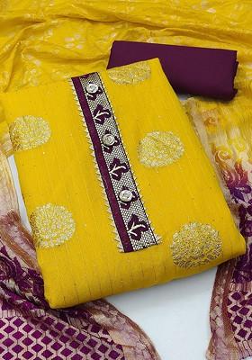 Yellow Floral Woven Design Poly Blend Kurta Set