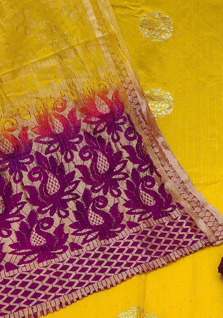 Yellow Floral Woven Design Poly Blend Kurta Set