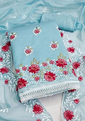 Turquoise Blue Floral Embroidered Poly Blend Kurta Set